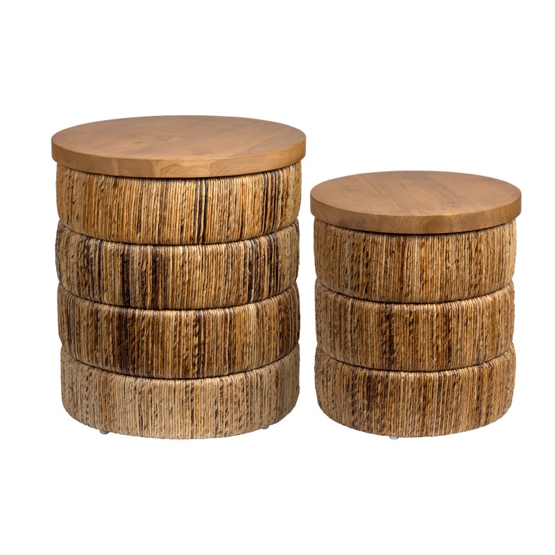 Two round nesting side tables with stacked woven rattan or wicker cylindrical bodies and smooth wood tops, shown on a plain white background.
