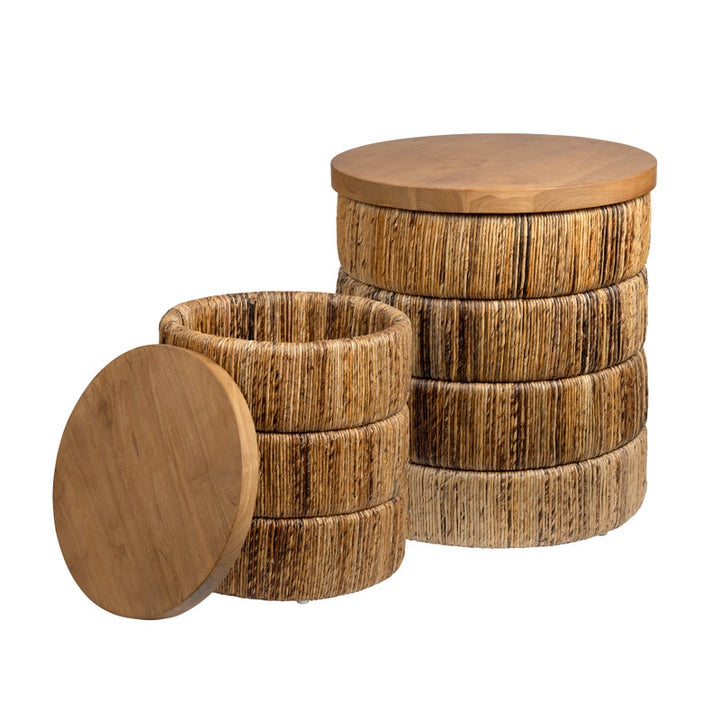 Solan banana rope woven side table set with lids on a white background