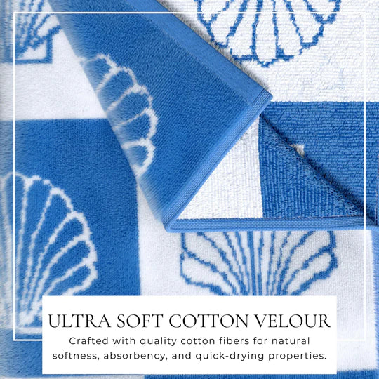 Ultra soft cotton velour beach towel with blue and white checkered seashell pattern detail