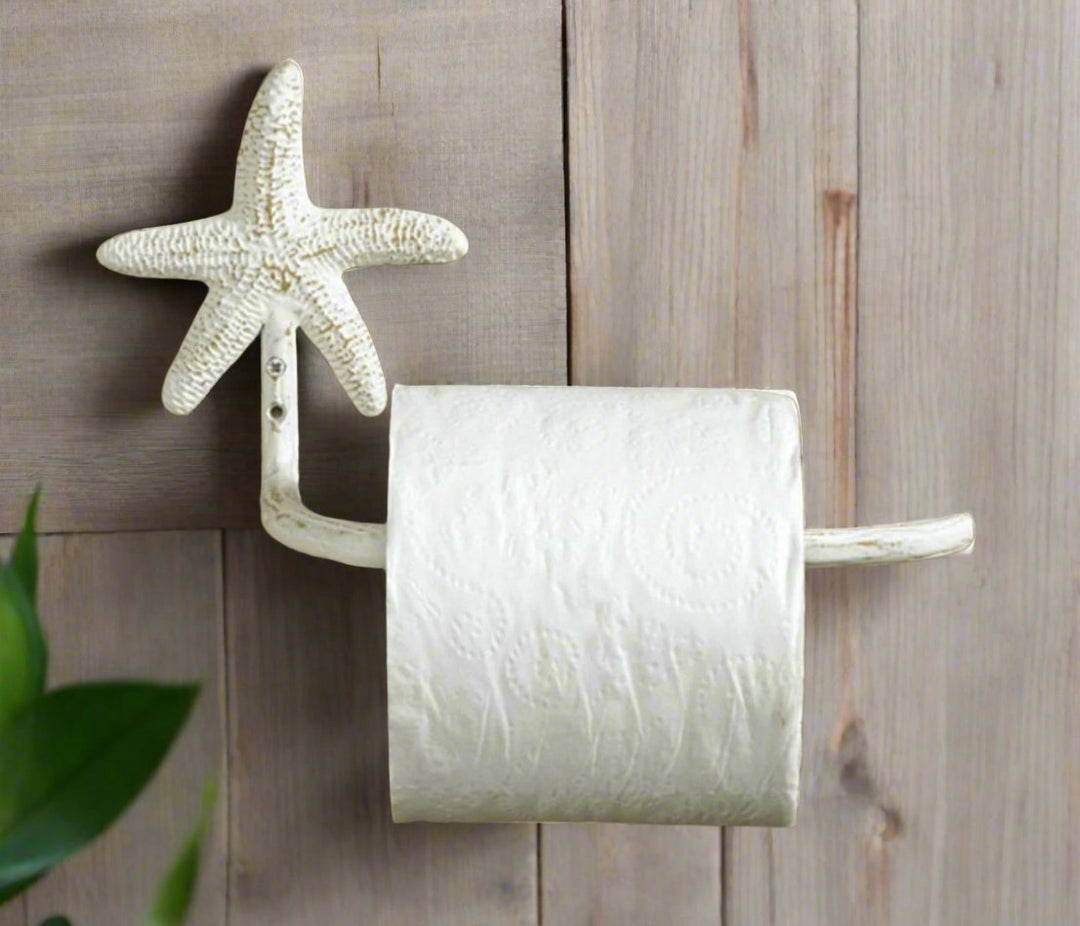 Coastal starfish toilet paper holder in distressed white wash - The Coastal Compass Home Decor