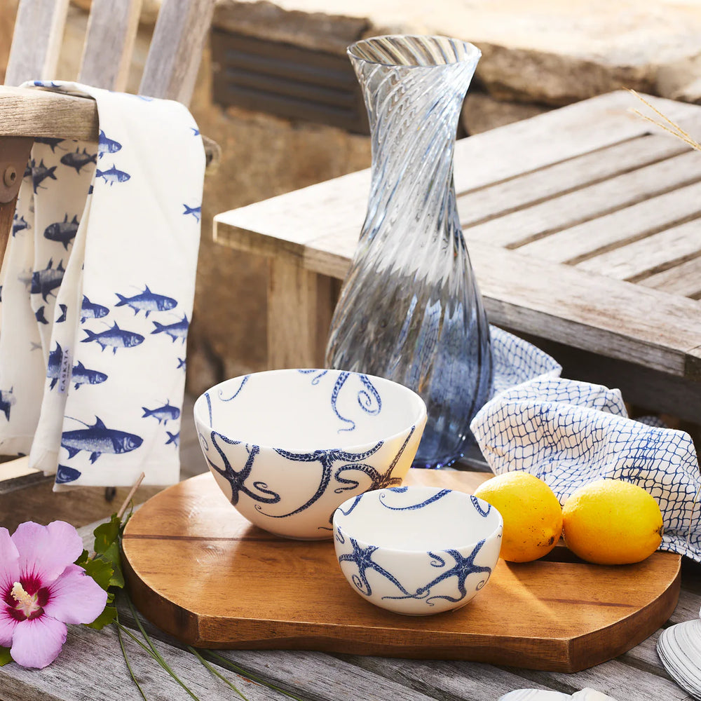 Starfish Blue Cereal Bowl - Blue Starfish on White Porcelain - Matching Snack Bowl - Matching Kitchen towel - Coastal Compass home Decor