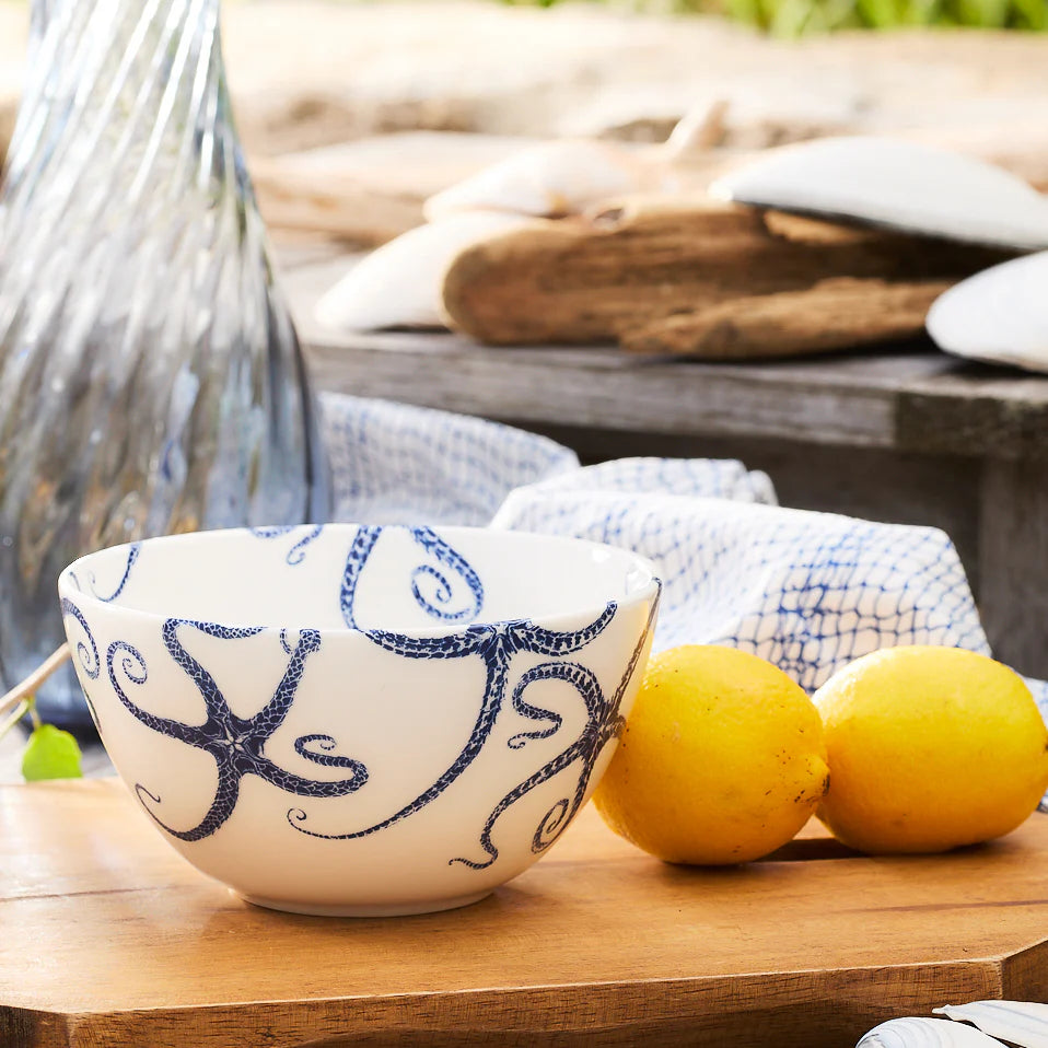 Starfish Blue Cereal Bowl - Blue Detailed starfish on white porcelain - Coastal Compass Home Decor
