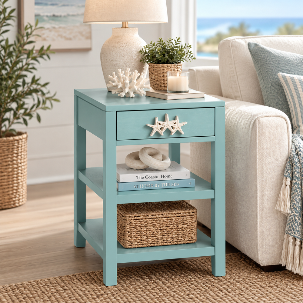 A turquoise blue wooden end table styled in a bright living room next to a beige sofa. The table features a single drawer with a decorative starfish handle, open shelves, and is styled with a lamp, books, and a basket.