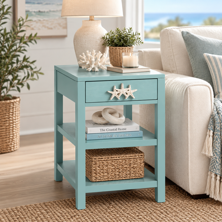 A turquoise blue wooden end table styled in a bright living room next to a beige sofa. The table features a single drawer with a decorative starfish handle, open shelves, and is styled with a lamp, books, and a basket.