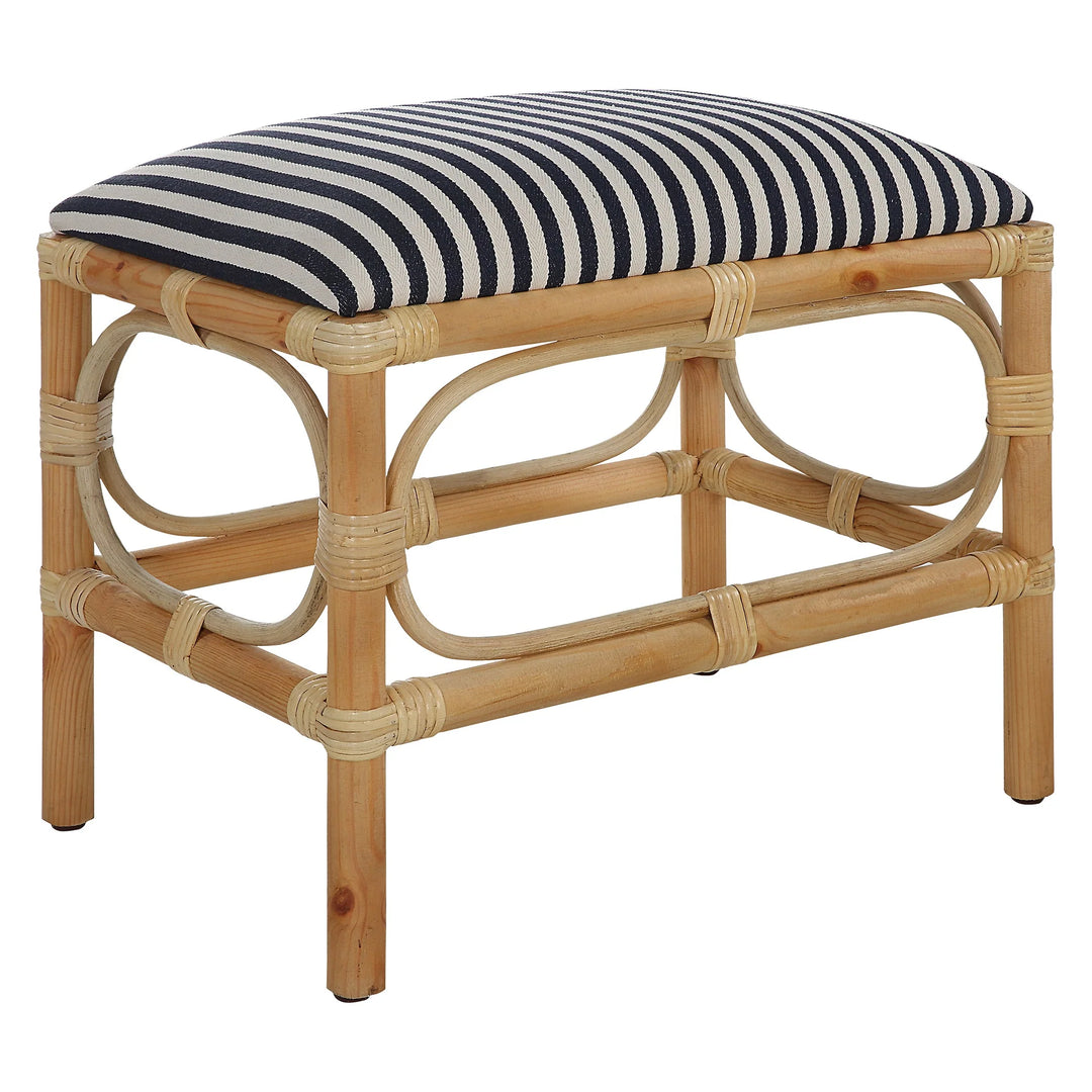 Striped Laguna Small Bench - Navy & White stripe seat - solid wood base with rattan wrapped accents - Coastal Compass Home Decor