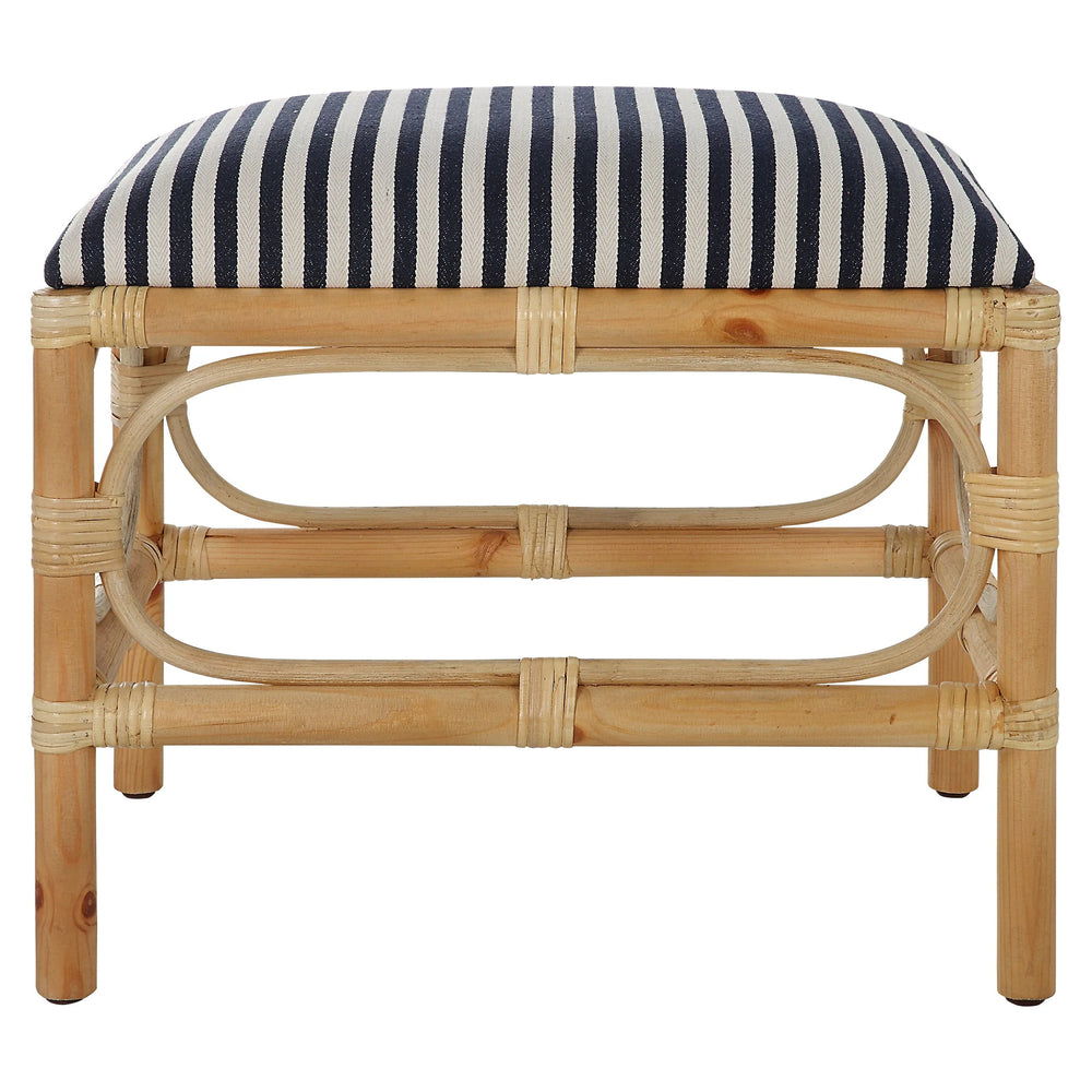 Striped Laguna Small Bench - Navy & White stripe seat - solid wood base with rattan wrapped accents - Coastal Compass Home Decor