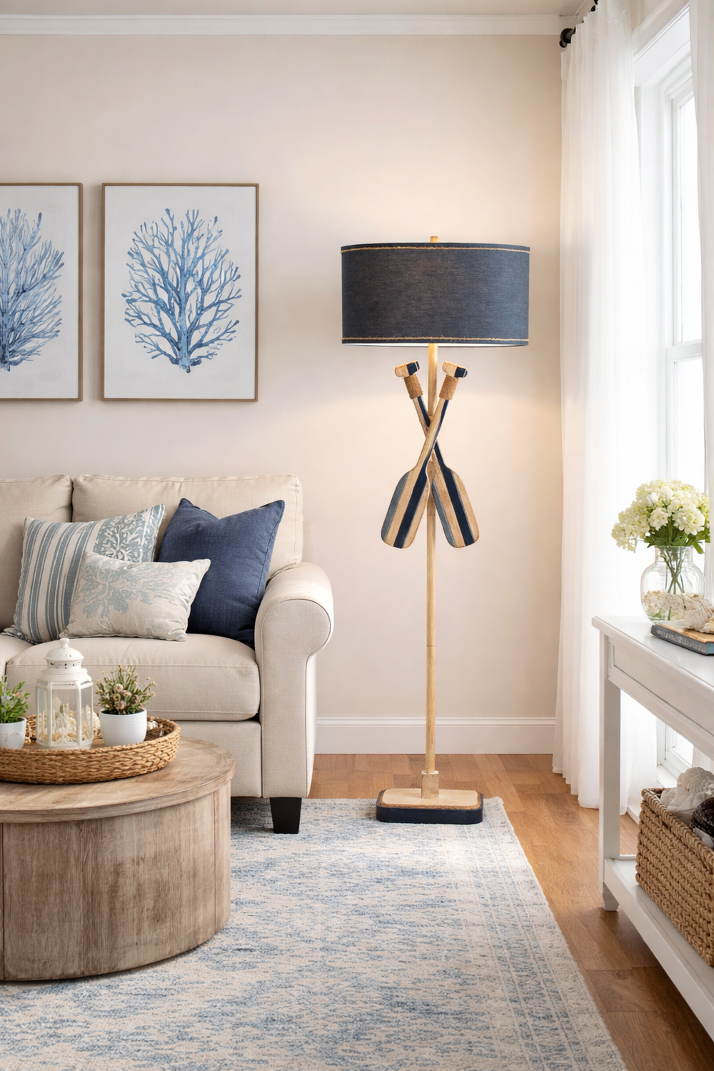 Living room with a sofa, lamp, and decor items.