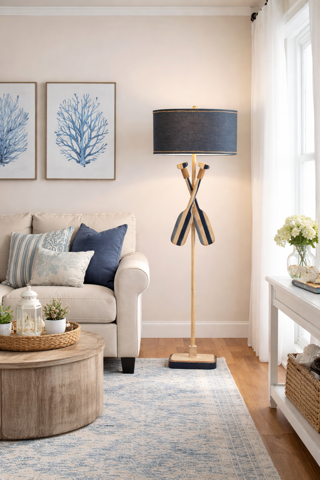 Living room with a sofa, lamp, and decor items.