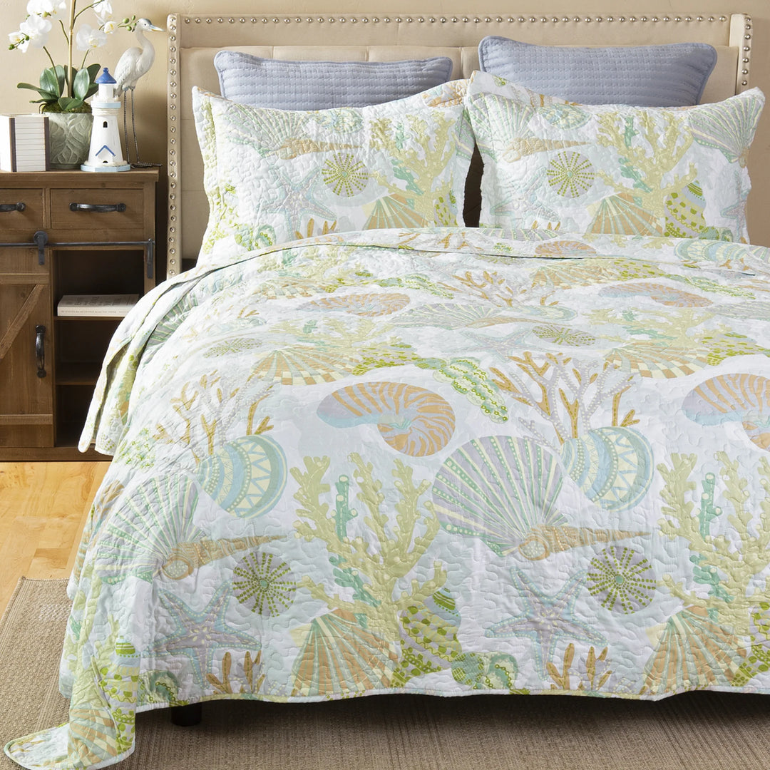 Summer Reef Quilt Set - Yellows, Greens & oranges - Seashells, Coral & Starfish - Coastal Compass Home Decor