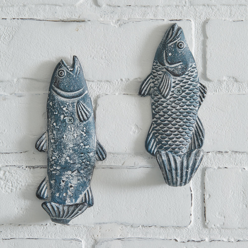 Swimming Fish Wall Hooks - Blue Finish - Cast Iron - Coastal Compass Home Decor