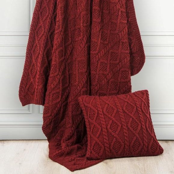 Cable Knit Soft Wool Throw Blanket and Pillow in Red from HiEnd Accents
