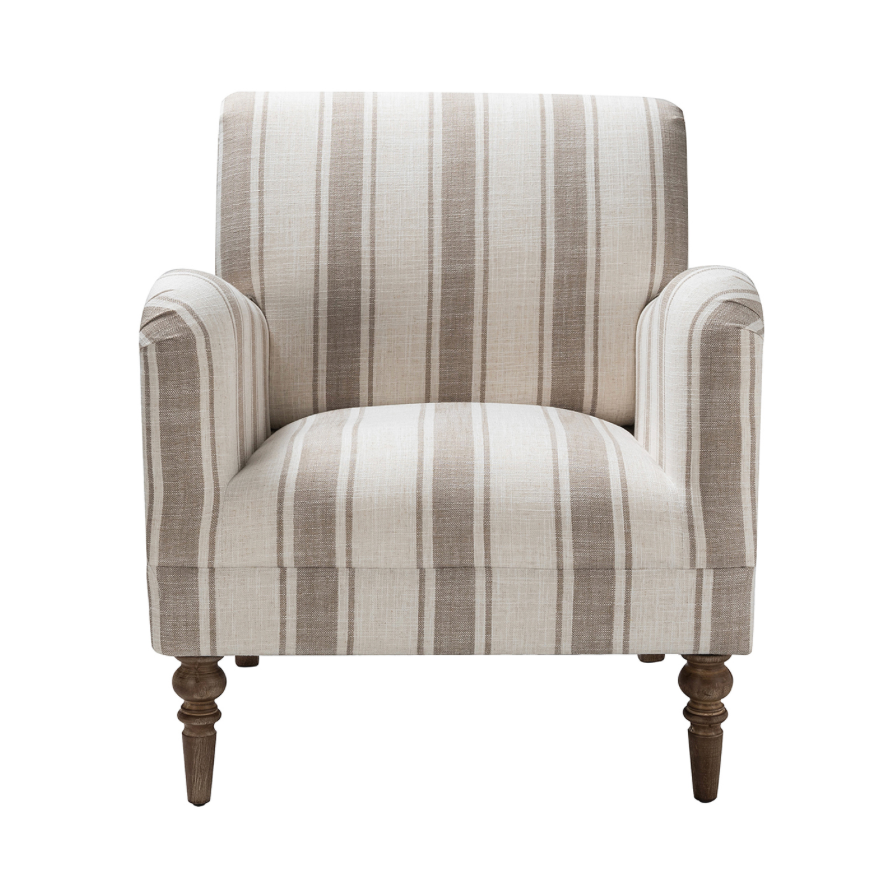 Tan Striped Accent Chair - Tan & White stripes - Natural Dark Wood Legs - Integrated arms - Coastal Compass Home Decor