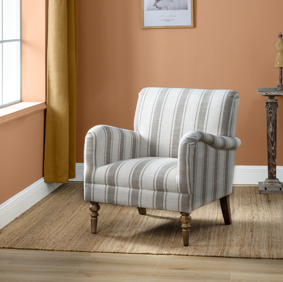 Tan Striped Accent Chair - Tan & White stripes - Natural Dark Wood Legs - Integrated arms - Coastal Compass Home Decor