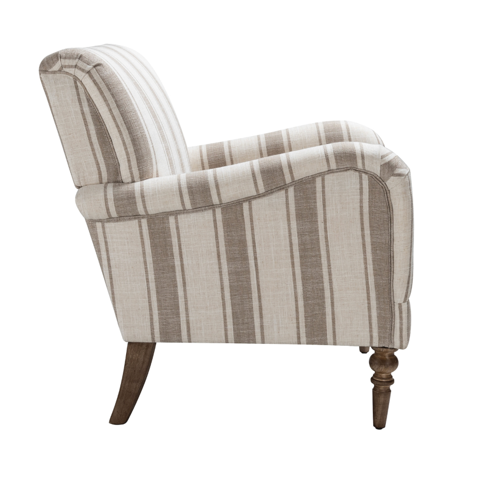 Tan Striped Accent Chair - Tan & White stripes - Natural Dark Wood Legs - Integrated arms - Coastal Compass Home Decor