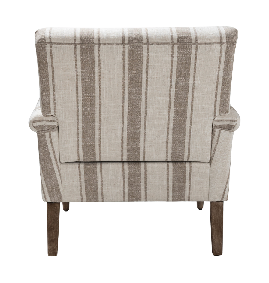 Tan Striped Accent Chair - Tan & White stripes - Natural Dark Wood Legs - Integrated arms - Coastal Compass Home Decor