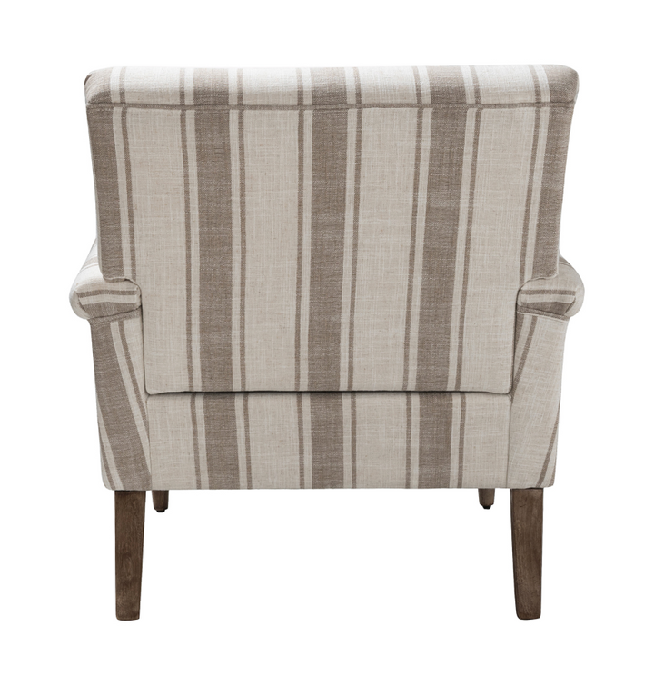 Tan Striped Accent Chair - Tan & White stripes - Natural Dark Wood Legs - Integrated arms - Coastal Compass Home Decor