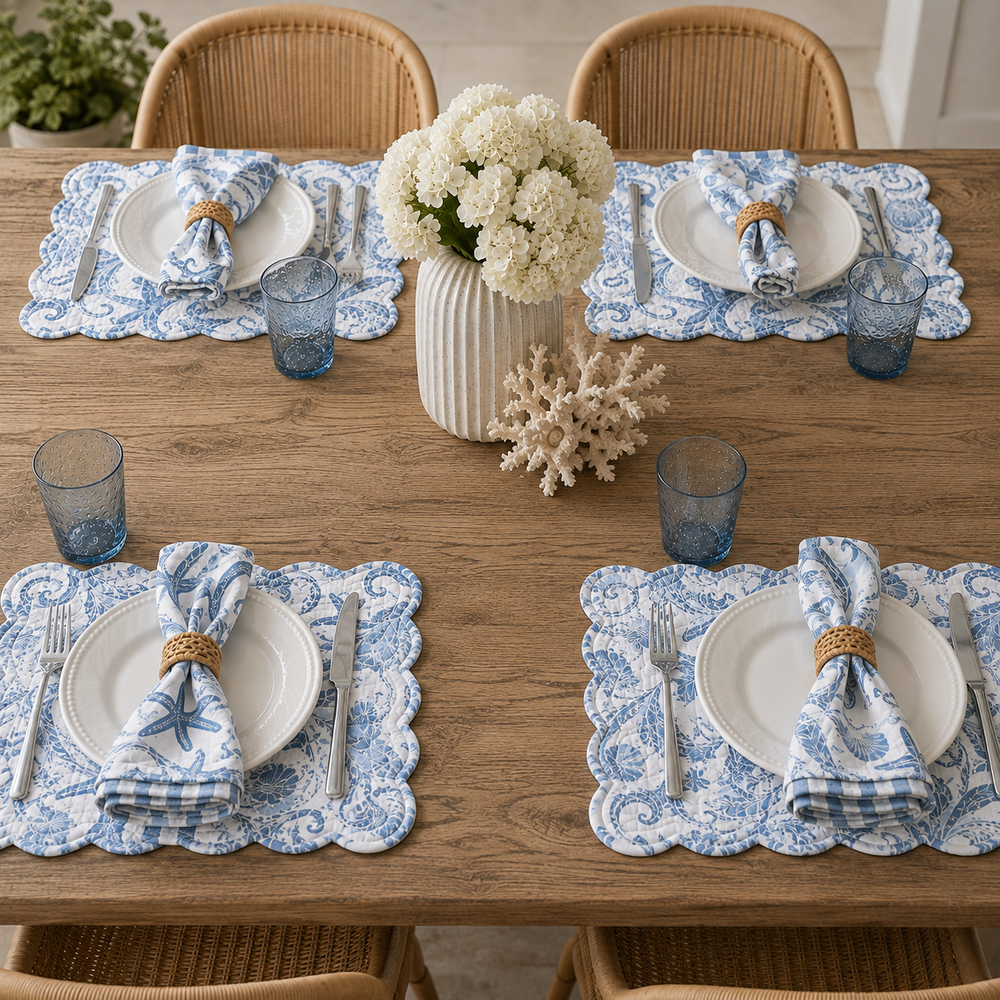 Four matching blue and white damask table placemats are arranged on a wooden dining table, each styled with a white plate, blue glass tumbler, white checkered napkin, and gold ring topper. The scene is decorated with a white floral vase, coral, and woven chairs.
