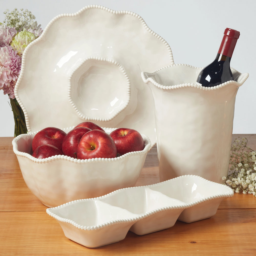 Tide Cream Serve ware set - Chip & Dip Platter - Large Serving Bowl - Wine Cooler - 3 Section Platter - Coastal Compass Home Decor