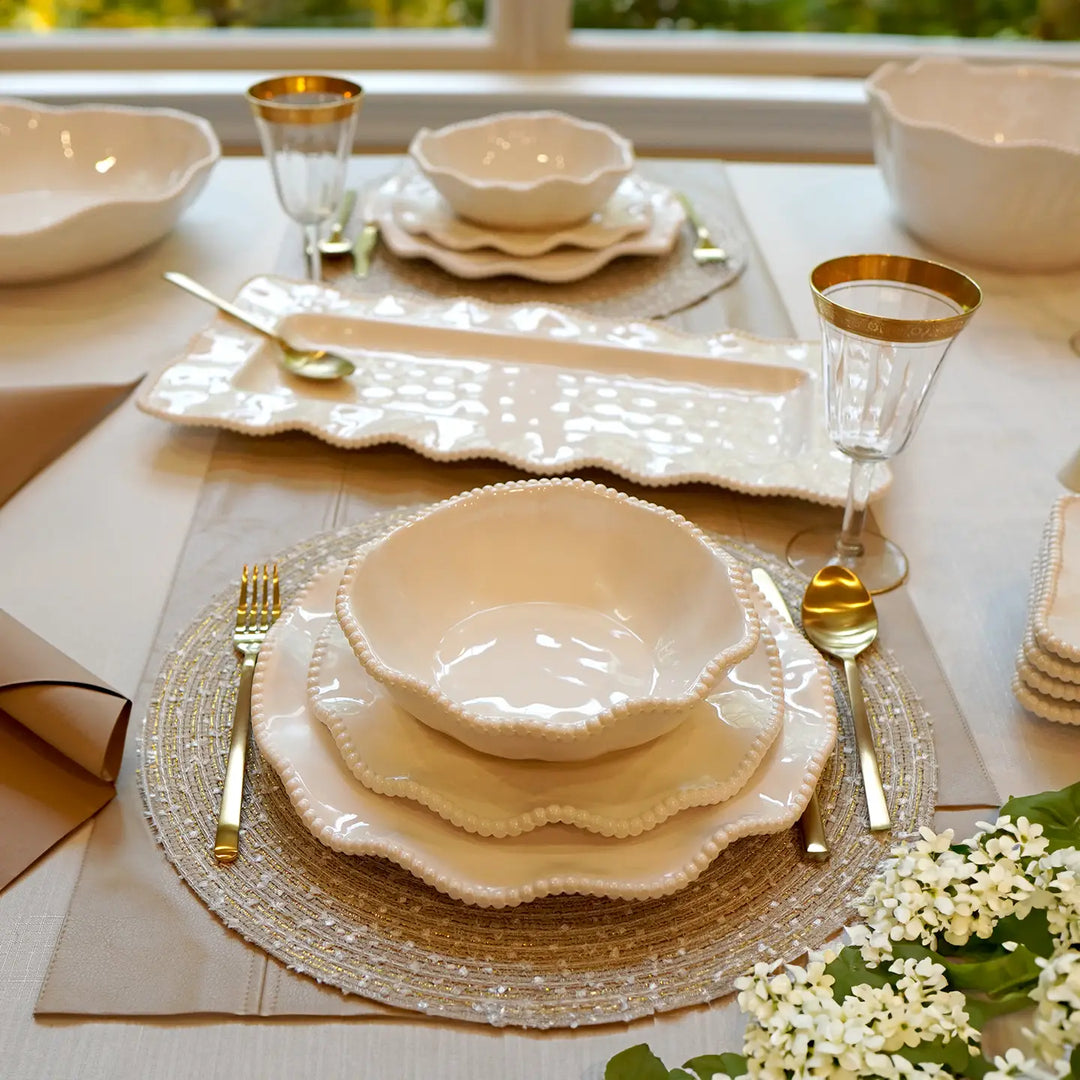 Tide Cream Dinnerware & serve ware collection - dinner plate, salad plate, everyday bowl, rectangular tray - table setting - Coastal Compass Home Decor