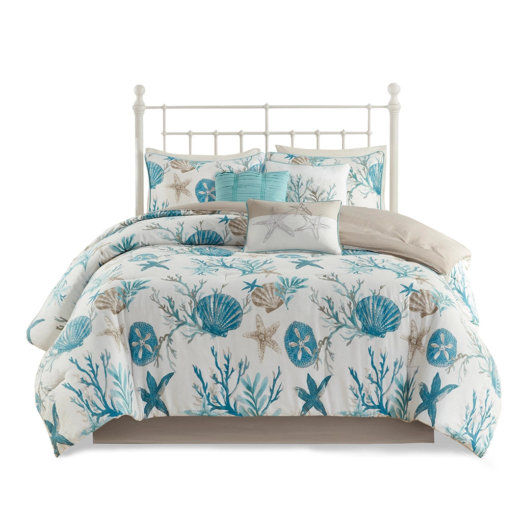 Tranquil Sea Comforter Set 7PC - Blue & Sand Seashells on Crisp White - Sand Color Reverse - Sand Color Bed Skirt - Starfish Pillow - Coral Reef Pillow - Sea Blue Pillow - Coastal Compass Home Decor