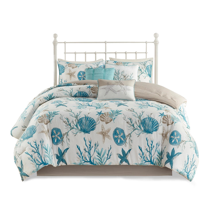 Tranquil Sea Comforter Set 7PC - Blue & Sand Seashells on Crisp White - Sand Color Reverse - Sand Color Bed Skirt - Starfish Pillow - Coral Reef Pillow - Sea Blue Pillow - Coastal Compass Home Decor