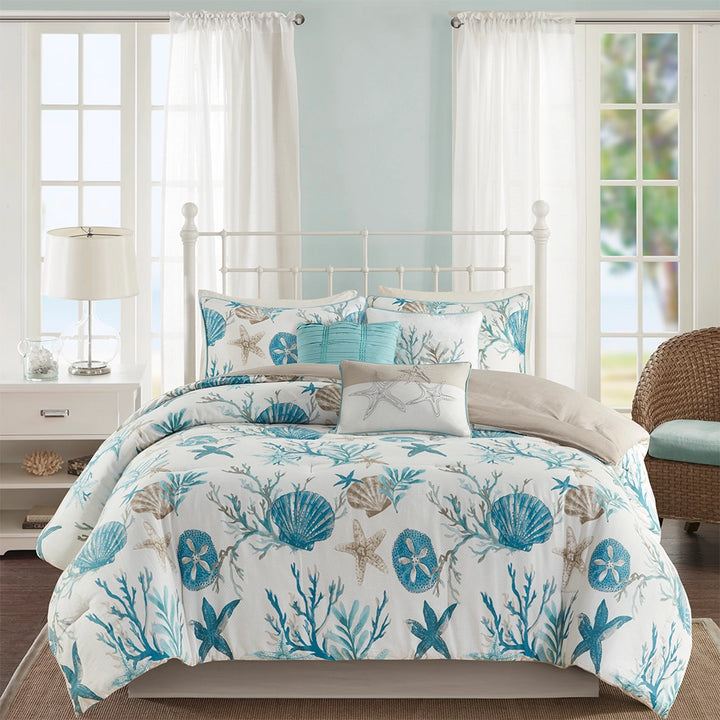 Tranquil Sea Comforter Set 7PC - Blue & Sand Seashells on Crisp White - Sand Color Reverse - Sand Color Bed Skirt - Starfish Pillow - Coral Reef Pillow - Sea Blue Pillow - Coastal Compass Home Decor