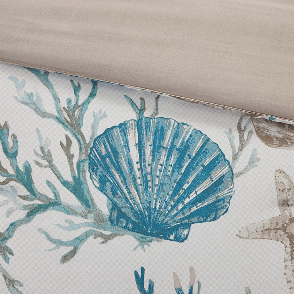 Tranquil Sea Comforter Set 7PC - Blue & Sand Seashells on Crisp White - Sand Color Reverse - Sand Color Bed Skirt - Starfish Pillow - Coral Reef Pillow - Sea Blue Pillow - Coastal Compass Home Decor