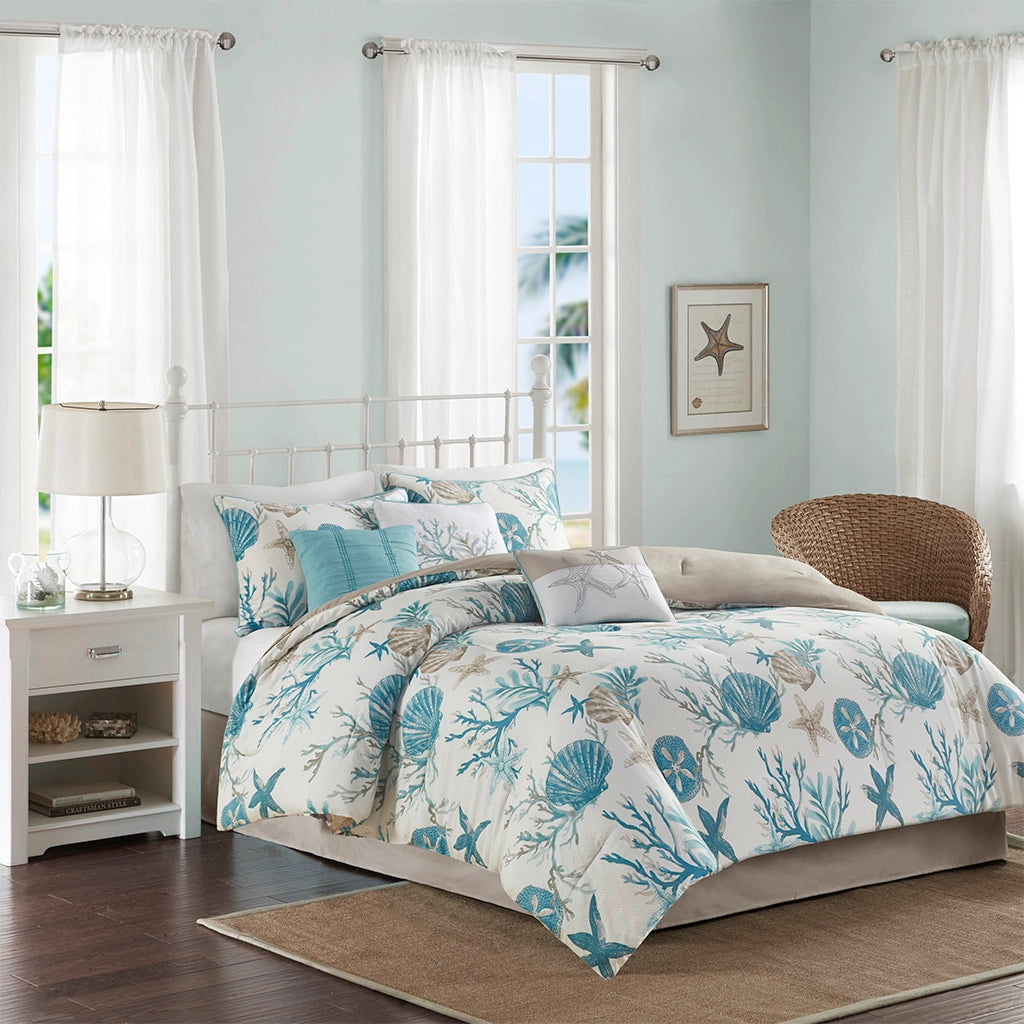 Tranquil Sea Comforter Set 7PC - Blue & Sand Seashells on Crisp White - Sand Color Reverse - Sand Color Bed Skirt - Starfish Pillow - Coral Reef Pillow - Sea Blue Pillow - Coastal Compass Home Decor