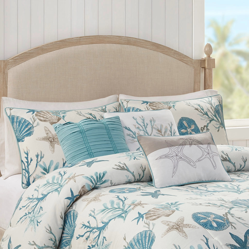 Tranquil Sea Comforter Set 7PC - Blue & Sand Seashells on Crisp White - Sand Color Reverse - Sand Color Bed Skirt - Starfish Pillow - Coral Reef Pillow - Sea Blue Pillow - Coastal Compass Home Decor