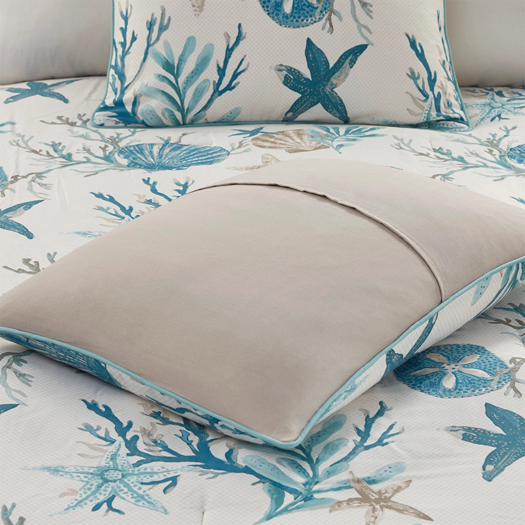 Tranquil Sea Comforter Set 7PC - Blue & Sand Seashells on Crisp White - Sand Color Reverse - Sand Color Bed Skirt - Starfish Pillow - Coral Reef Pillow - Sea Blue Pillow - Coastal Compass Home Decor