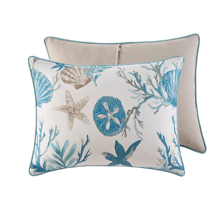 Tranquil Sea Pillow Shams - Blue & Sand Shells on White - Sand Tan Back - Envelope Opening - Coastal Compass Home Decor