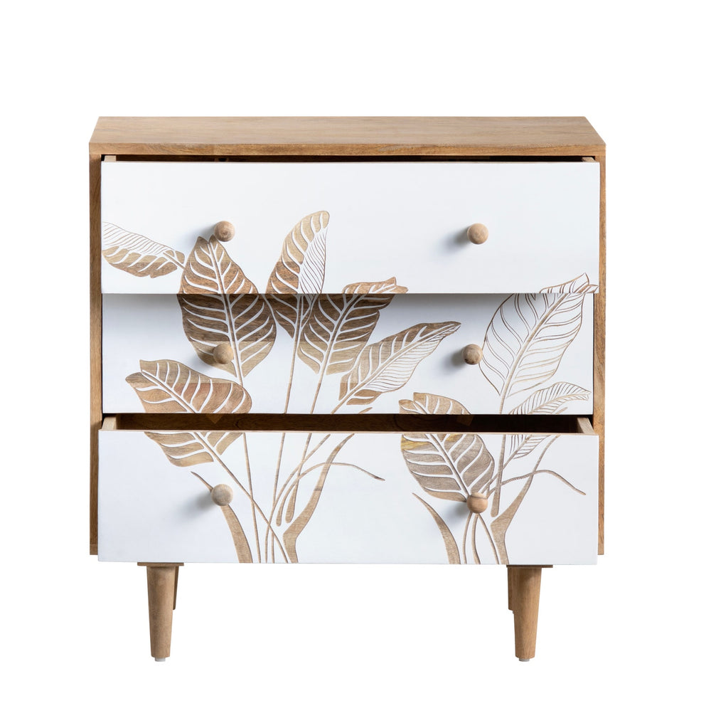 Tropicana 3-Drawer Dresser - Hand Etched Leaf Detailing - Natural Wood - White Paint - Mango Wood - Round Knobs - The Coastal Compass Home Decor