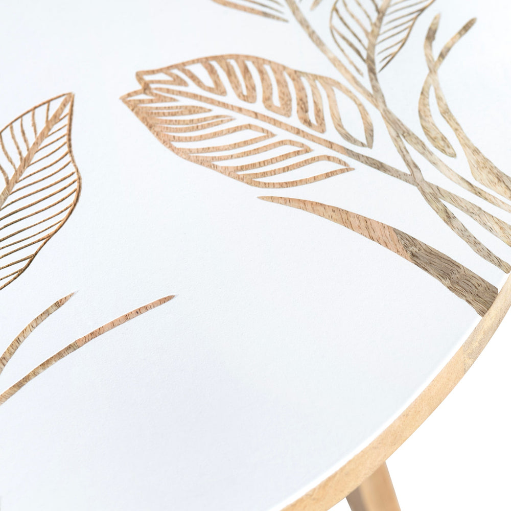 Tropicana Accent Table - Mango Wood & White Paint Finish - Hand Etched Tropical Foliage - 4 Legs - Round Top - Coastal Compass Home Decor