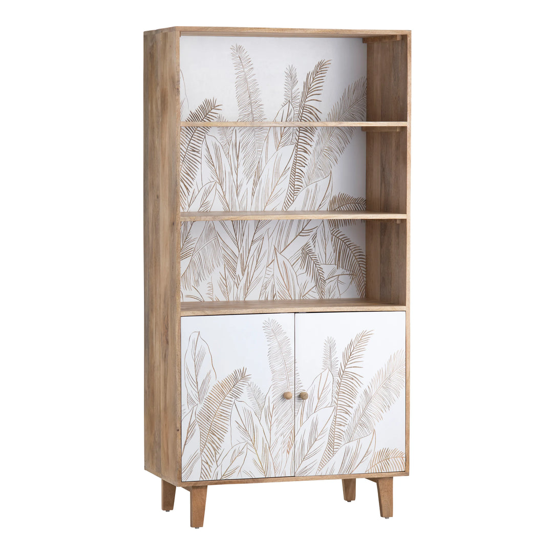 Tropicana Cabinet - Hand Etched Tropical Leaves - mango wood & white finish - 2 cabinet doors below - 2 shelves above - Coastal Compass Home Decor