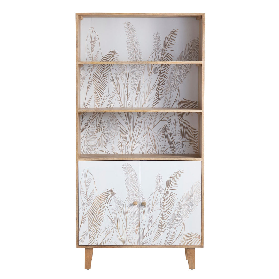 Tropicana Cabinet - Hand Etched Tropical Leaves - mango wood & white finish - 2 cabinet doors below - 2 shelves above - Coastal Compass Home Decor