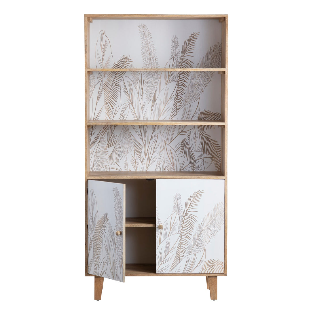 Tropicana Cabinet - Hand Etched Tropical Leaves - mango wood & white finish - 2 cabinet doors below - 2 shelves above - Coastal Compass Home Decor