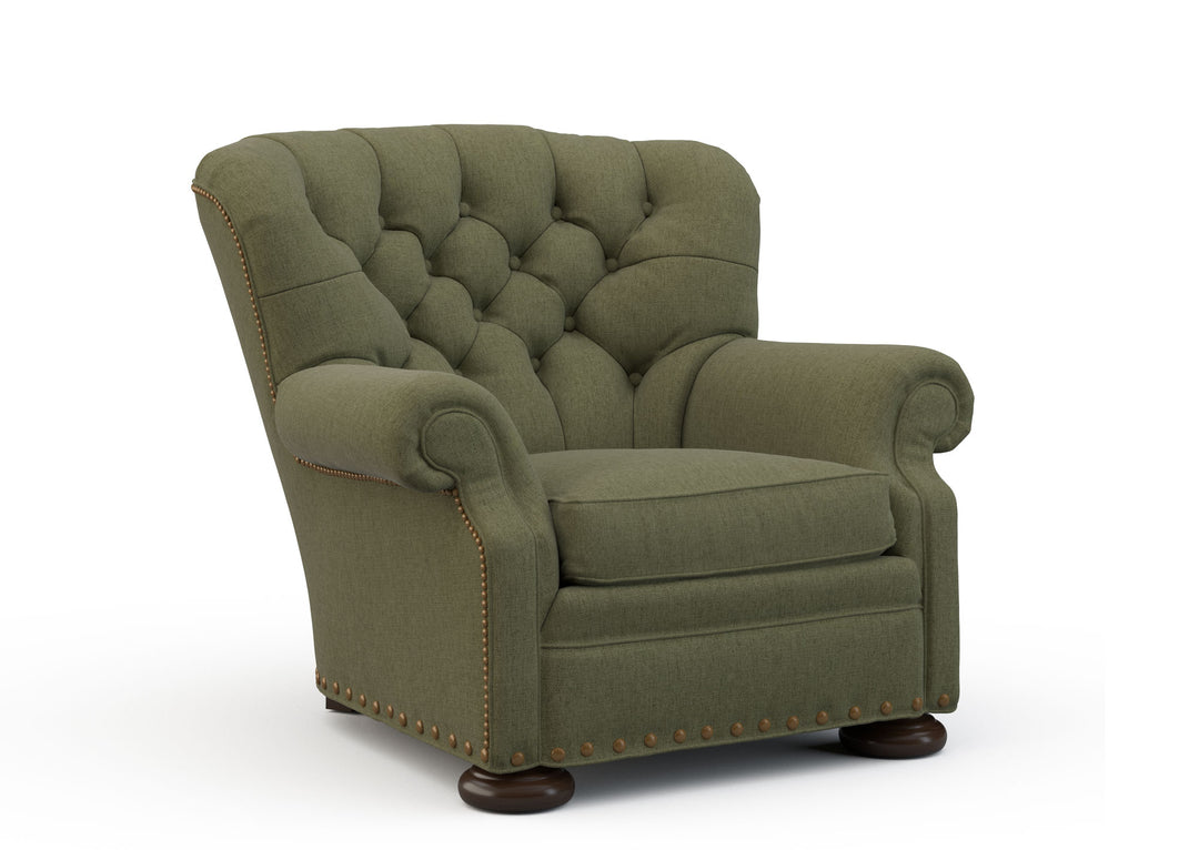 Olive Green armchair with tufted backrest on a white background