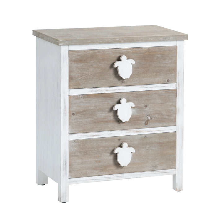 Turtle Beach 3-Drawer Chest - Natural wood  & White finish - White Turtle Handles - Coastal Compass Home Decor