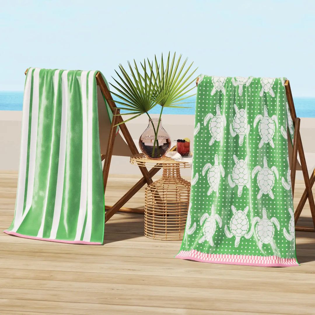 Turtles & Stripes Cotton Velour Beach Towel Pack - White Turtles on green with pink edges - matching white & green stripes - Coastal Compass Home Decor