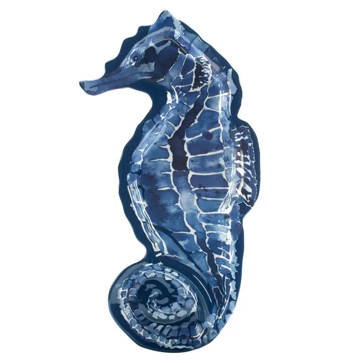 Under The Sea 3-D Seahorse Chip & Dip - Navy Blue hues & white - Dip bowl in tail - Coastal Compass Home Decor