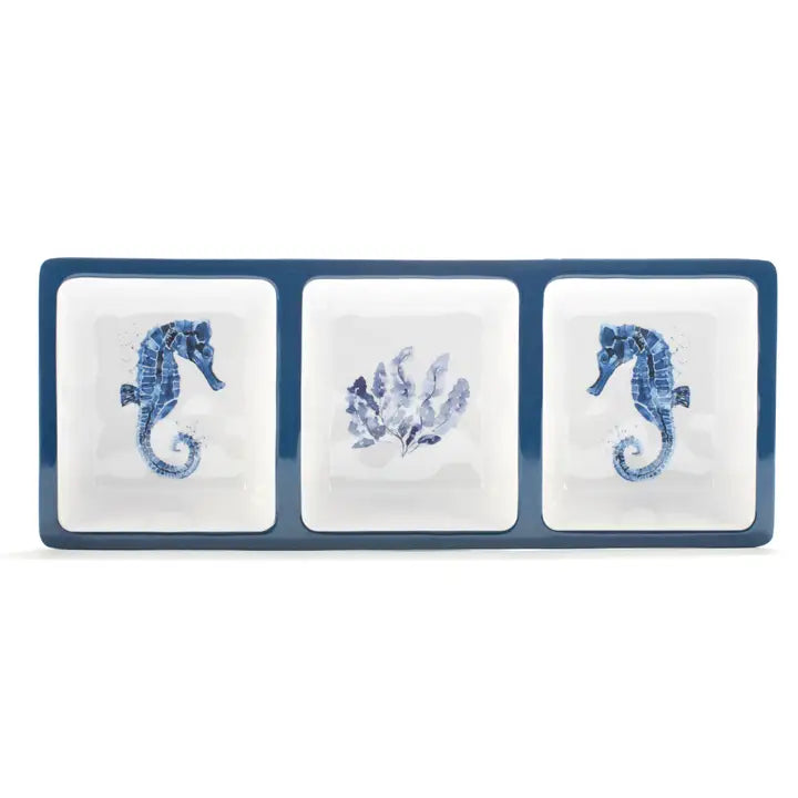 Under The Sea 3 Section Tray - Navy Blue Rim - Seahorses in 2 Sections - Coral Reef Design in Middle section - White & Navy Blue - Coastal Compass Home Decor