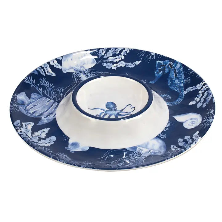 Under The Sea Chip & Dip Tray - Dip Elevated center with Octopus at Bottom - Chip surround with Navy Blue & White Sea life design - Seashells, seahorse, fish, coral reef, jellyfish - Coastal Compass Home Decor