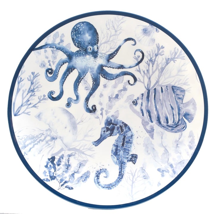 Under The Sea Dinner Plate  Octopus, FIsh, Jellyfish, Coral Reef & Seahorse - Navy Blue, White & Grey - Coastal Compass Home Decor