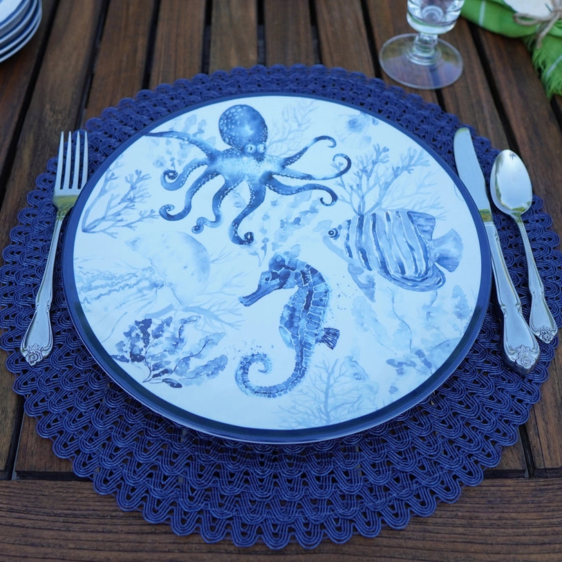 Under The Sea Dinner Plate  Octopus, FIsh, Jellyfish, Coral Reef & Seahorse - Navy Blue, White & Grey - Coastal Compass Home Decor