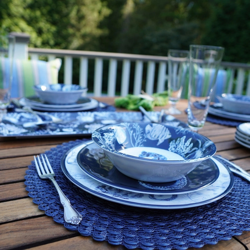 Under The Sea Dinnerware Collection - Under The Sea Dinner Plate, Salad Plate, Bowl & Rectangle Platter - Sea Life Design - Navy, Light Blue & White - Variety of designs - Coastal Compass Home Decor