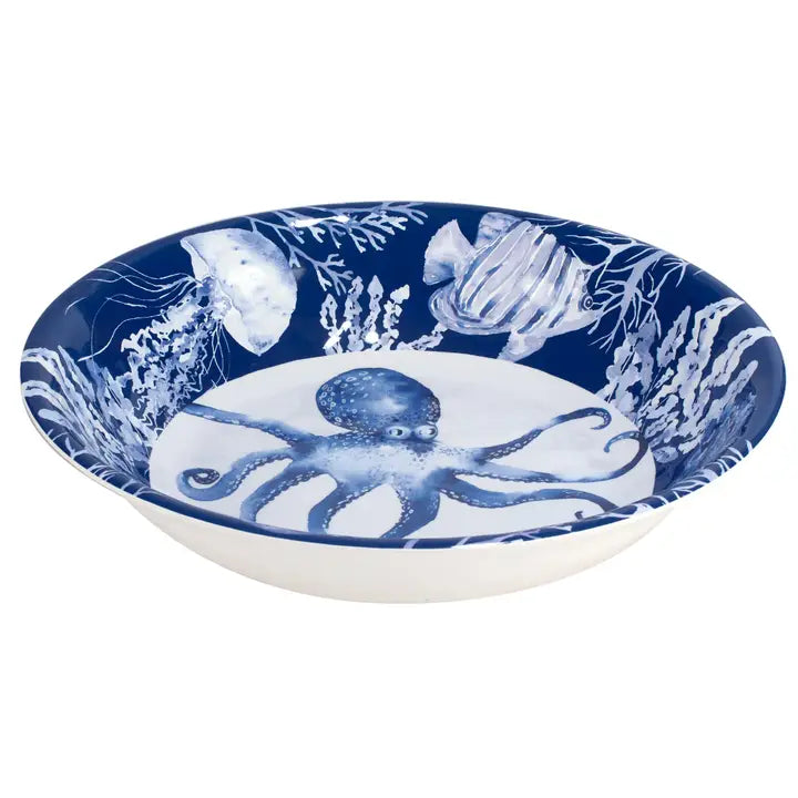 Under The Sea Large Serving Platter - Large Blue Octopus on White Bottom - Sea Life Variety Rim - Coastal Compass Home Decor