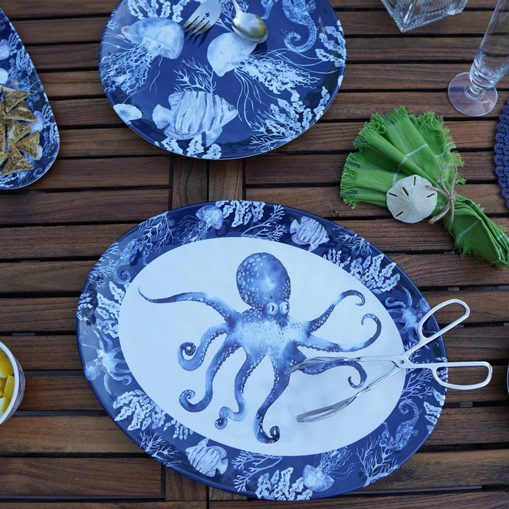 Under The Sea Oval Platter & Round Platter - Sea Life Design - Navy Blue & White - Octopus in center of oval platter - Coastal Compass Home Decor