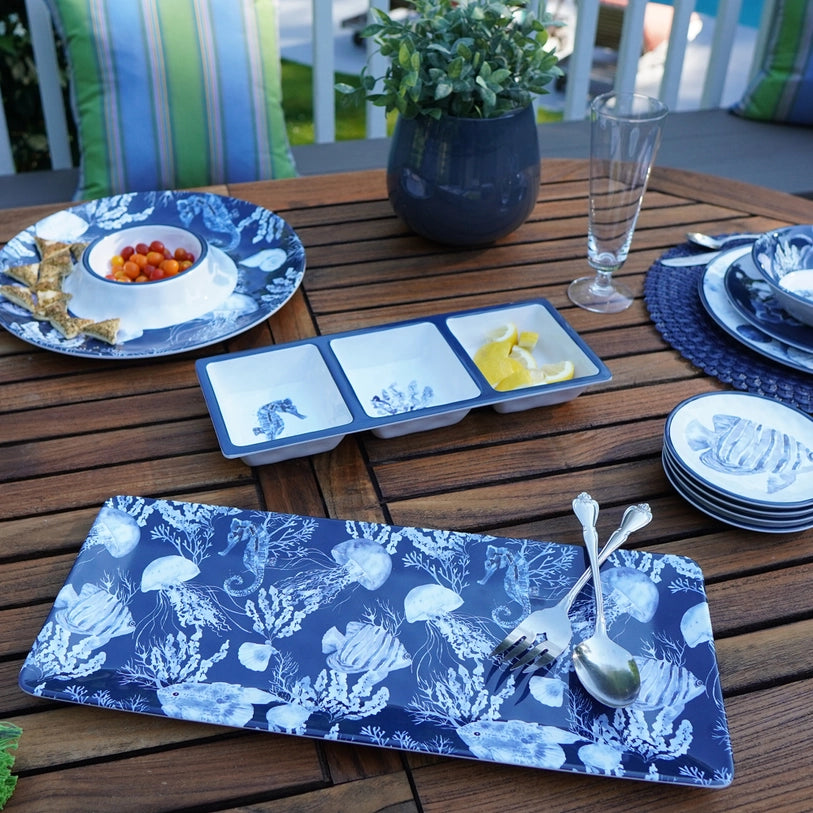 Under The Sea Serve-ware Collection - Platters, Trays & Bowls - Navy Blue, White, Light Blue & Gray - Sea Creature design - Coastal Compass Home Decor