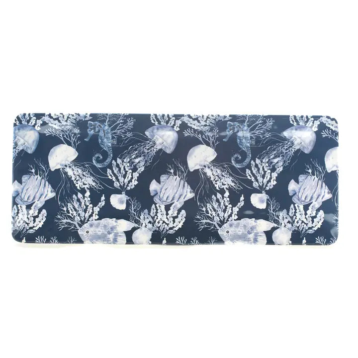 Under The Sea Rectangle Platter - Sea Life Design - Jellyfish, seahorses, fish & Coral reef - Navy blue with white - Coastal Compass Home Decor