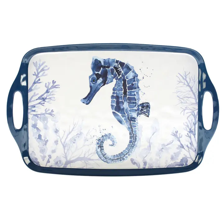 Under The Sea Rectangle Tray w Handles - Navy Blue Rim - light blue coral reefs with Navy blue seahorse - coastal Compass home decor